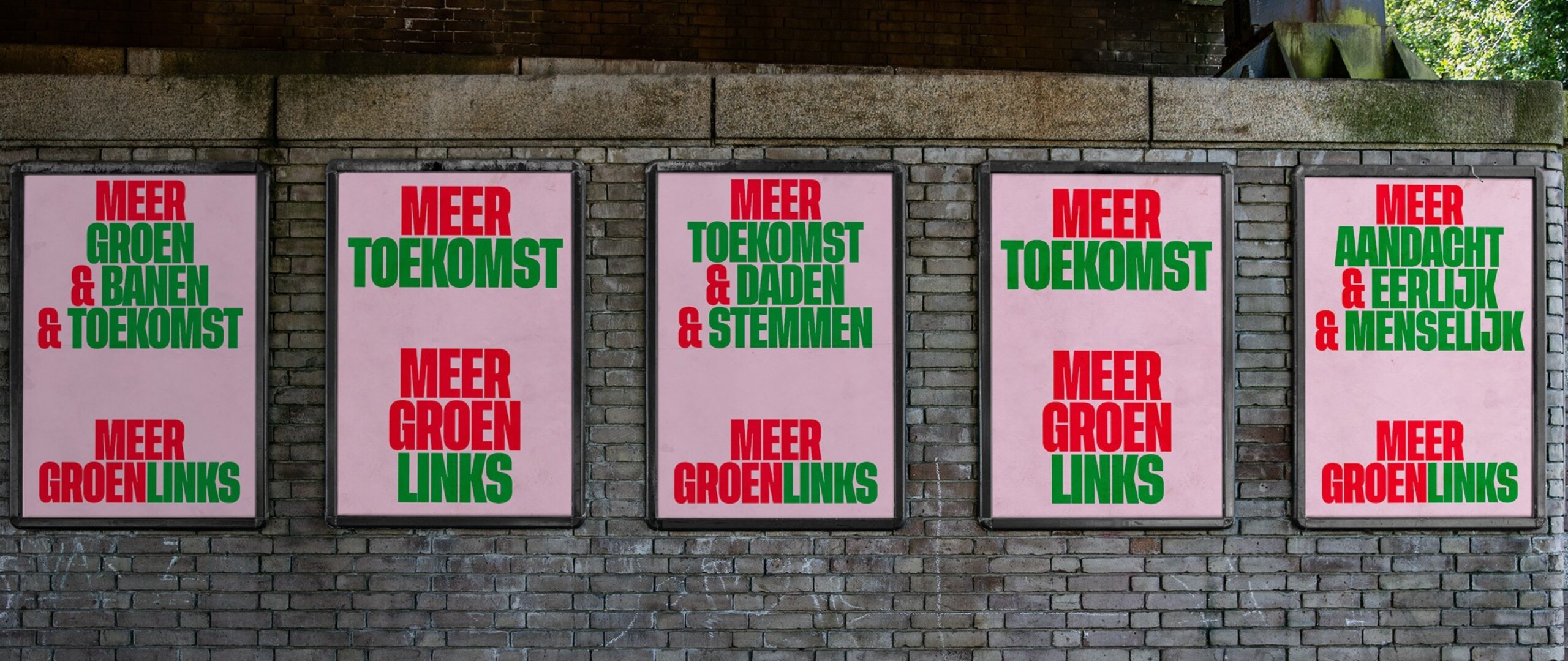 GroenLinks posters op een rij met de tekst Meer Toekomst Meer GroenLinks